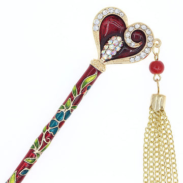 Enamel Heart Floral Hair Stick w/ Rhinestones and Tassels